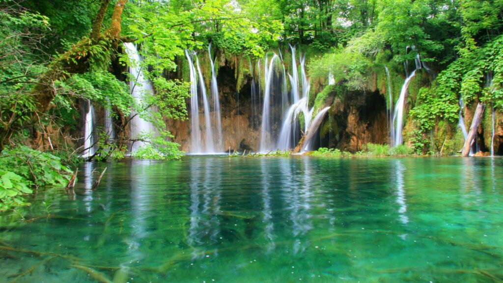 Cascadas que caen entre árboles sobre una laguna verde