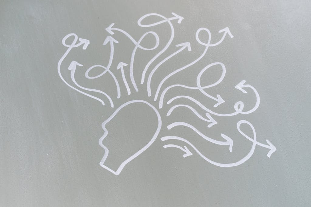 Dibujo en tiza de una cabeza rodeada de flechas que giran