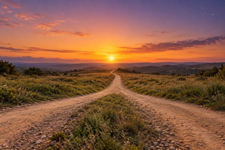 Dos caminos de tierra que se unen en uno solo en un campo abierto al atardecer.