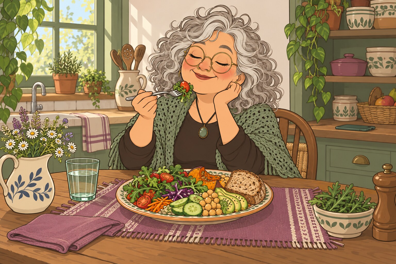 Ilustración de La Pacha comiendo despacio con los ojos cerrados, con el teléfono lejos de la mesa