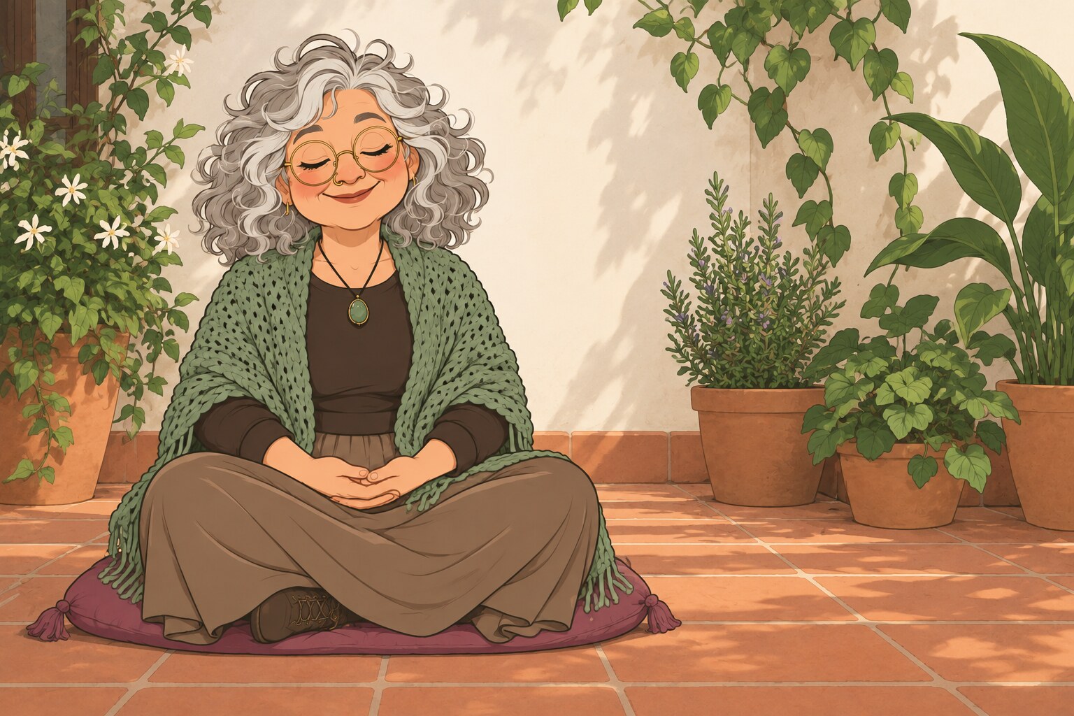 Ilustración de La Pacha meditando sentada en un cojín en un patio con plantas, con los ojos cerrados y las manos en el regazo.