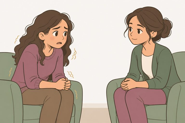 Ilustración de una mujer hablando con una psicóloga en un consultorio cálido