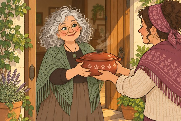 Ilustración de La Pacha recibiendo de una vecina una olla de comida casera en la puerta de su casa