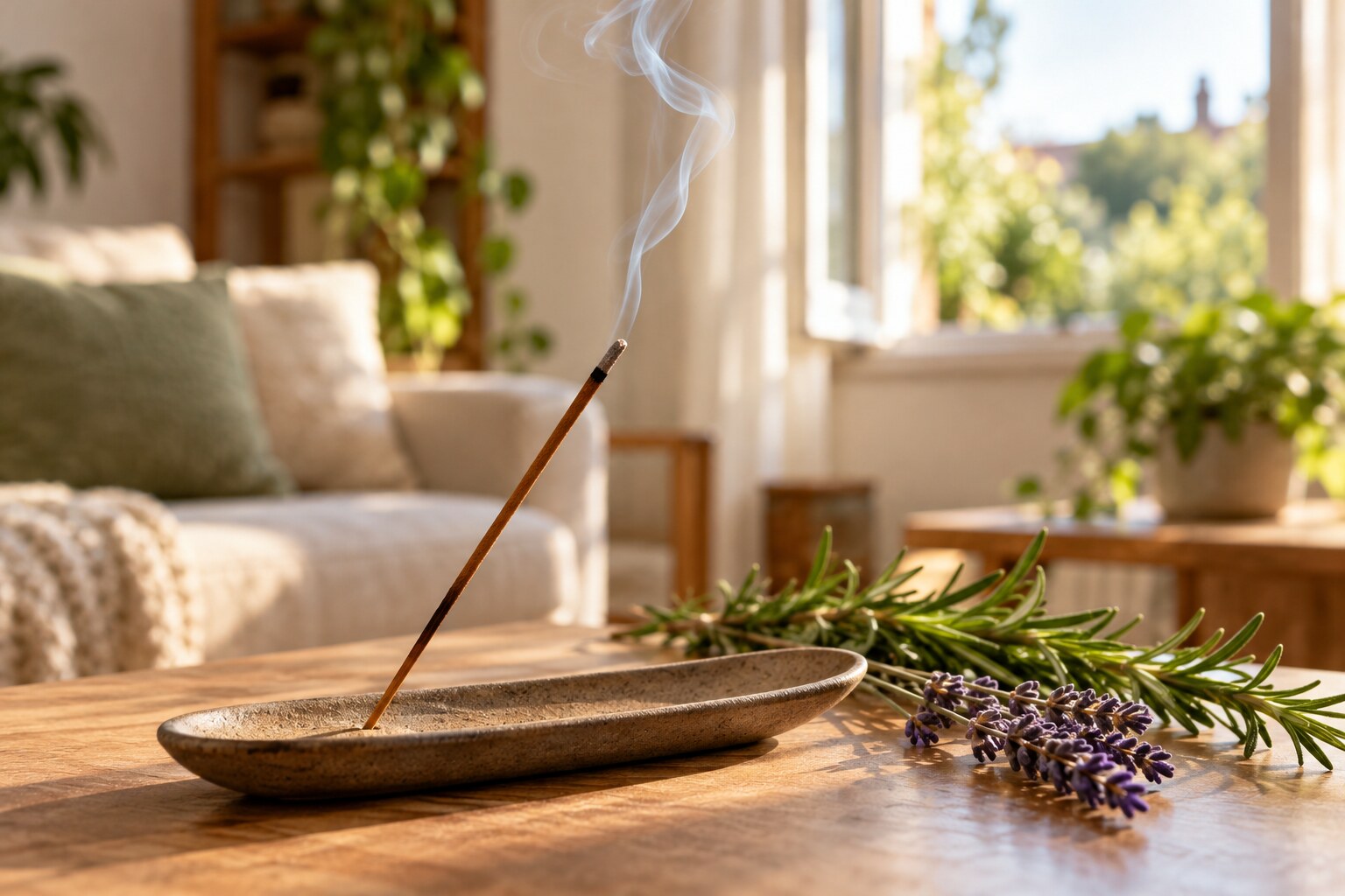 Fotografía de un incienso encendido con lavanda y romero en una sala luminosa y ventilada