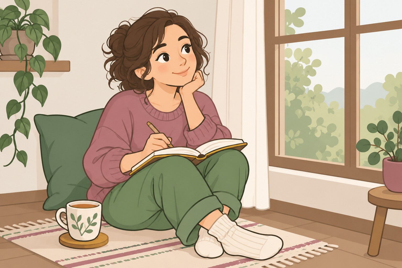 Ilustración de una mujer sentada en el piso junto a una ventana, escribiendo en un cuaderno con una taza de té al lado.