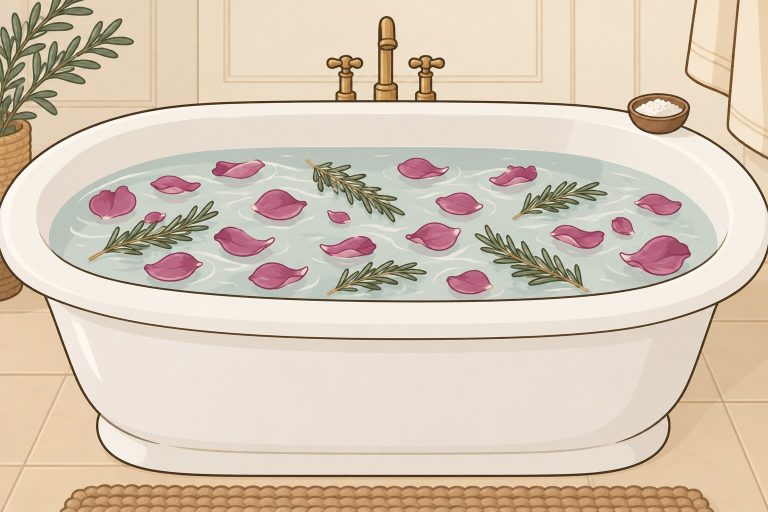 Ilustración de una bañera preparada con pétalos de rosa, romero y un cuenco de sal marina