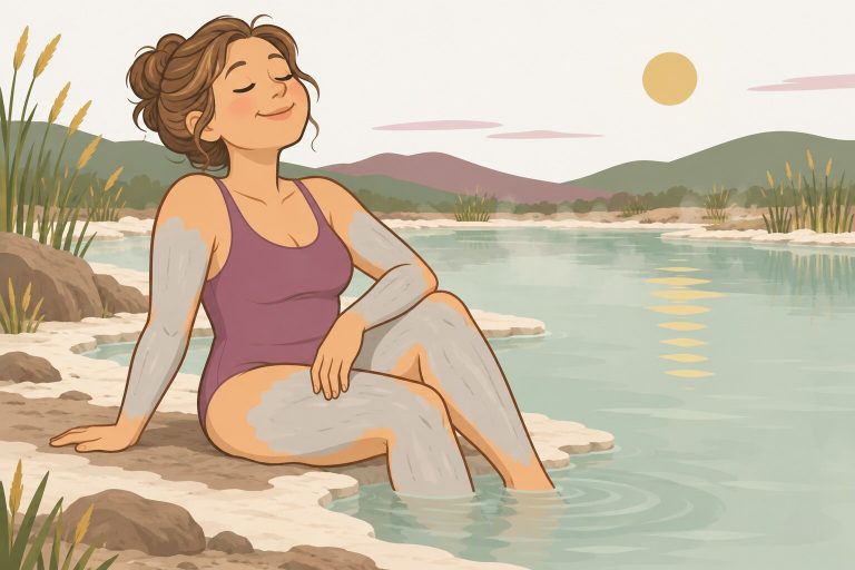 Ilustración de una mujer sentada al sol en la orilla de una laguna, con barro claro en brazos y piernas y los ojos cerrados.