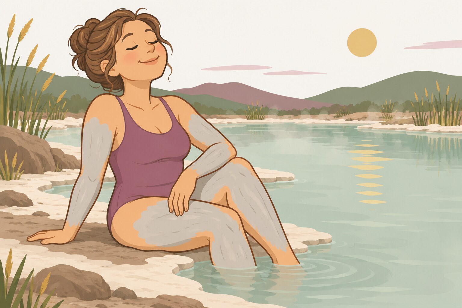 Ilustración de una mujer sentada al sol en la orilla de una laguna, con barro claro en brazos y piernas y los ojos cerrados.