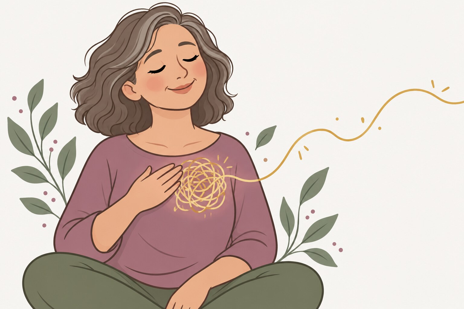 Ilustración de una mujer con los ojos cerrados y la mano en el pecho, donde un ovillo de hilo enredado se desata en una línea dorada.
