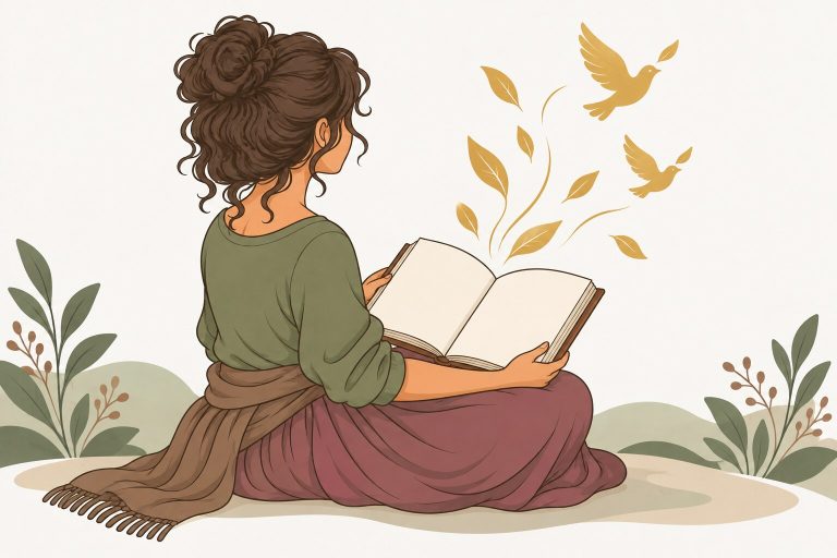Ilustración de una mujer desatando con paciencia los nudos de un hilo rojo que sale de su pecho