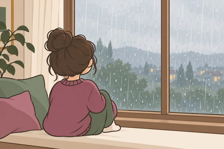 Ilustración de una persona contemplando en silencio la lluvia desde una ventana como práctica de Boketto.