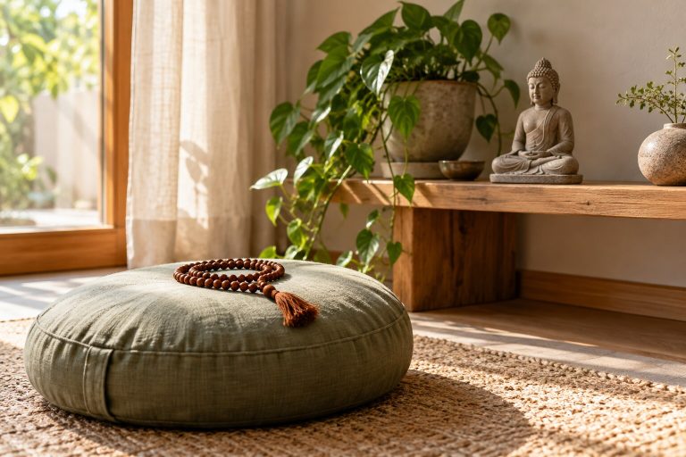 Un cojín de meditación con un mala de madera frente a una pequeña estatua de piedra del Buda en un estante bajo, con luz de mañana.