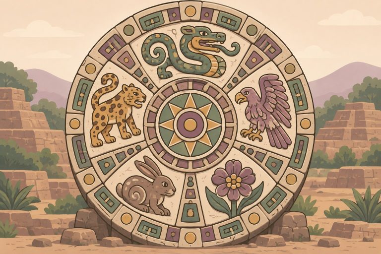 Ilustración de una rueda calendárica mesoamericana de piedra con signos de animales y una flor