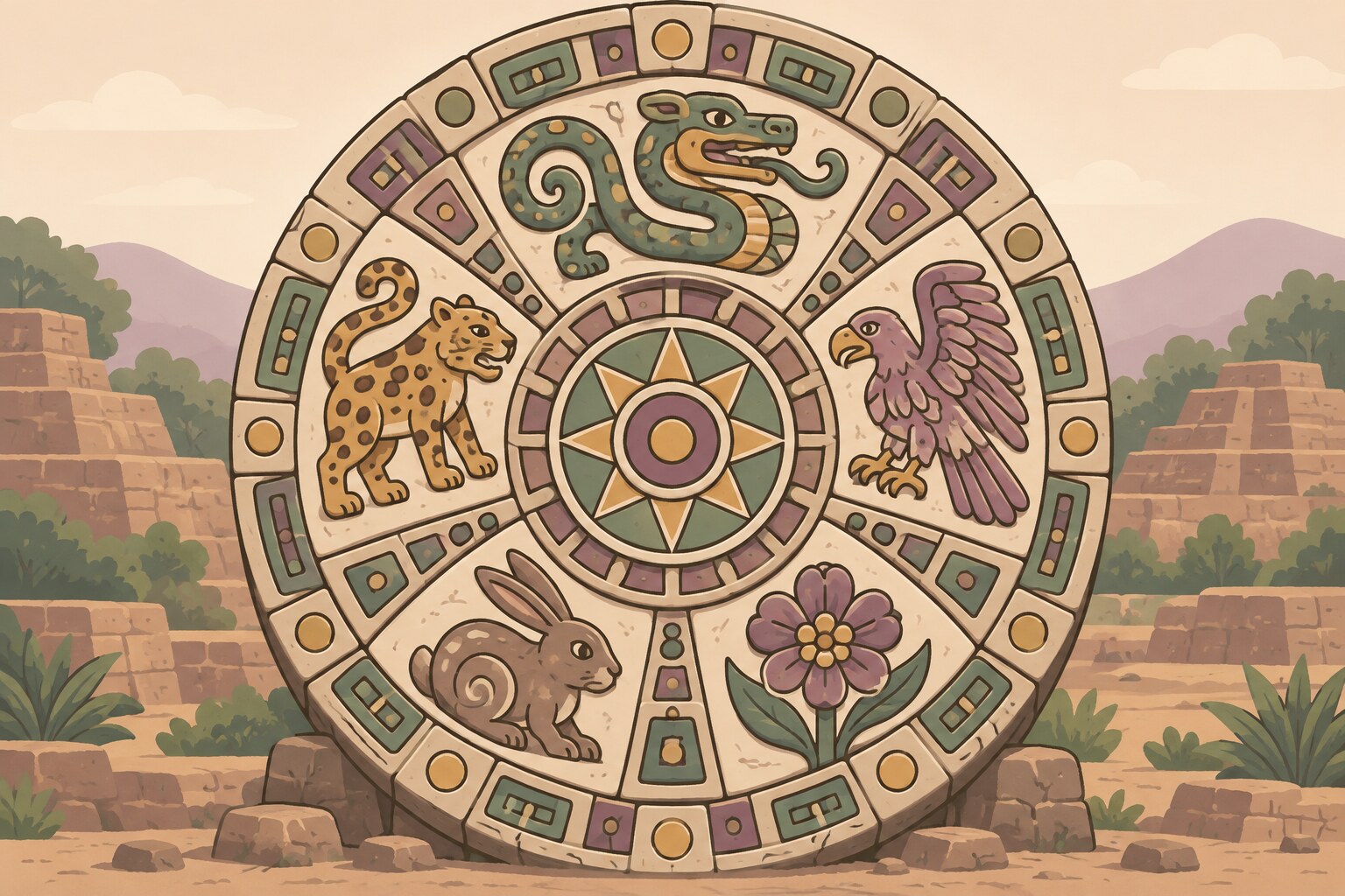 Ilustración de una rueda calendárica mesoamericana de piedra con signos de animales y una flor