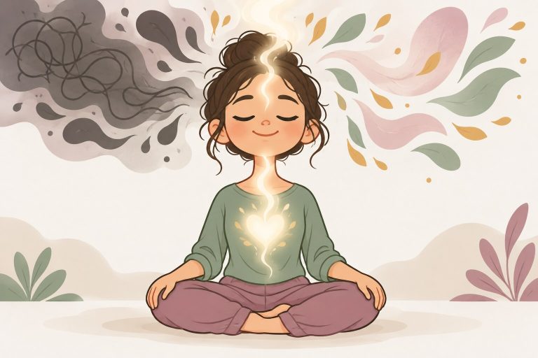Ilustración de una persona meditando con una luz blanca que baja desde su cabeza hasta el corazón