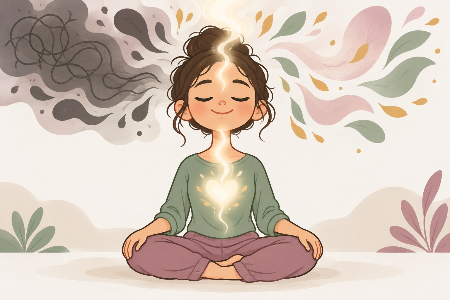 Ilustración de una persona meditando con una luz blanca que baja desde su cabeza hasta el corazón
