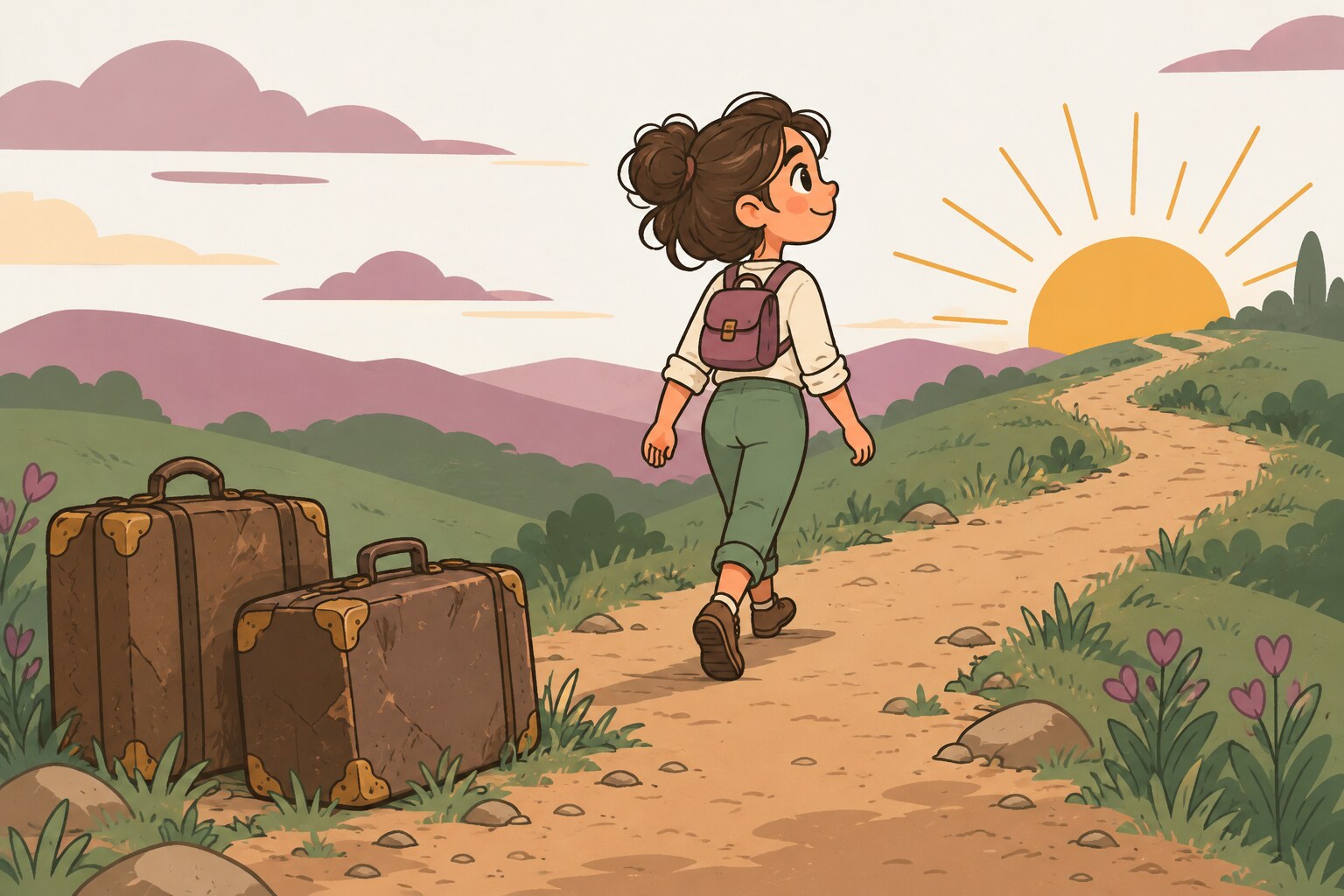 Ilustración de una persona que deja dos valijas pesadas en el camino y sigue liviana hacia el amanecer
