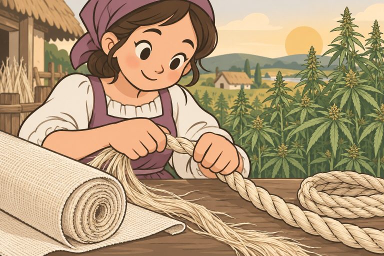 Ilustración de unas manos trenzando fibras de cáñamo en una cuerda junto a plantas de cannabis