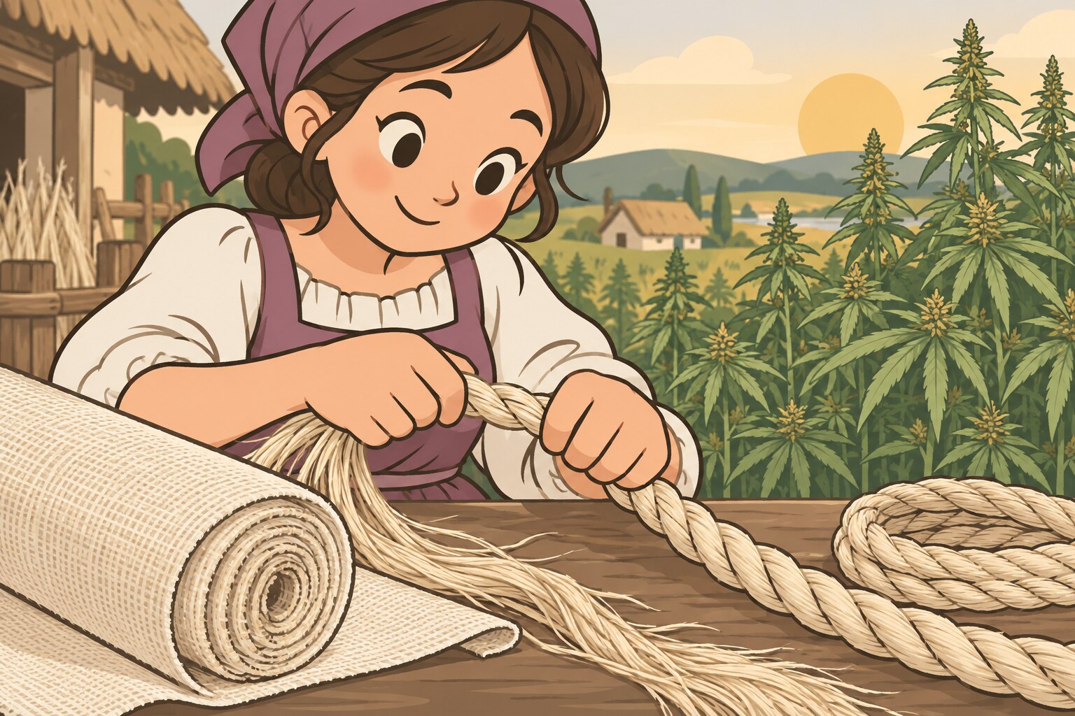 Ilustración de unas manos trenzando fibras de cáñamo en una cuerda junto a plantas de cannabis