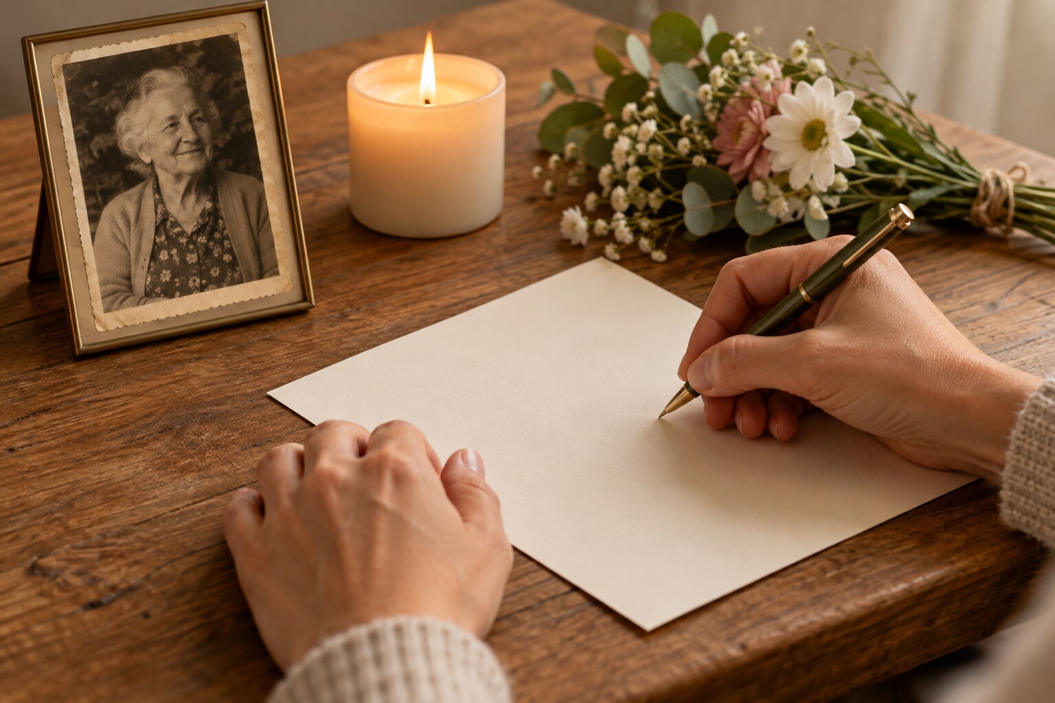 Fotografía de unas manos escribiendo una carta junto a la fotografía de una abuela, una vela y flores.