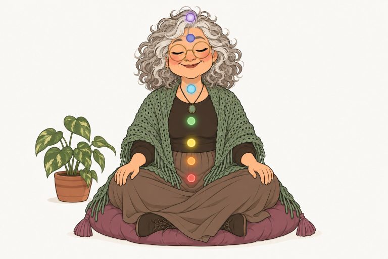 Ilustración de La Pacha meditando sentada en un almohadón, con siete círculos de luz de colores a lo largo del cuerpo, del rojo en la base al violeta en la coronilla.