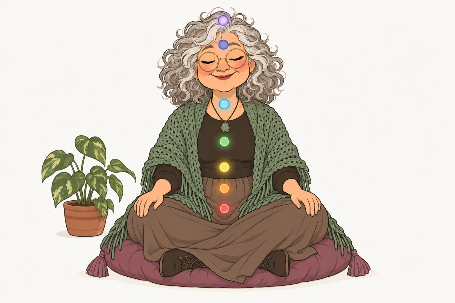 Ilustración de La Pacha meditando sentada en un almohadón, con siete círculos de luz de colores a lo largo del cuerpo, del rojo en la base al violeta en la coronilla.