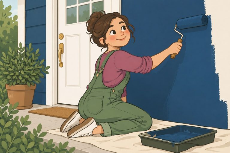 Ilustración de una persona pintando de azul la entrada de su casa con detalles blancos y dorados.