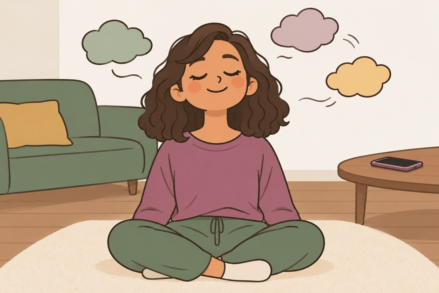 Ilustración de La Pacha meditando mientras pequeñas nubes pasan sobre su cabeza