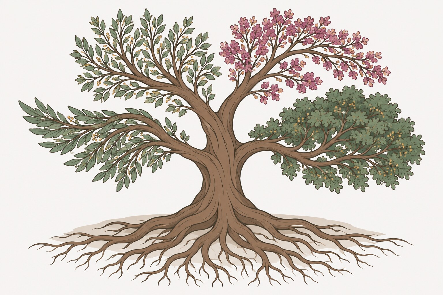 Ilustración de un árbol genealógico con raíces visibles y cuatro ramas principales de formas distintas