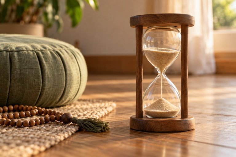 Fotografía de un reloj de arena junto a un almohadón de meditación y un mala