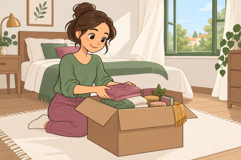 Ilustración de una mujer guardando en una caja ropa y objetos que ya no usa en un cuarto luminoso