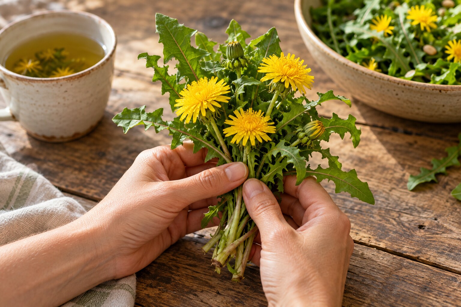 Fotografía de unas manos con hojas y flores de diente de león junto a una infusión y una ensalada