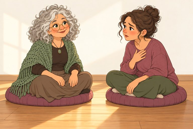 Ilustración de La Pacha sentada en el piso a la misma altura que una amiga triste, escuchándola en silencio.