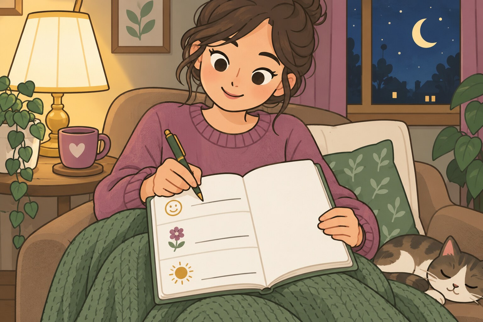 Ilustración de La Pacha en su cama de noche, sonriendo con un cuaderno cerrado entre las manos