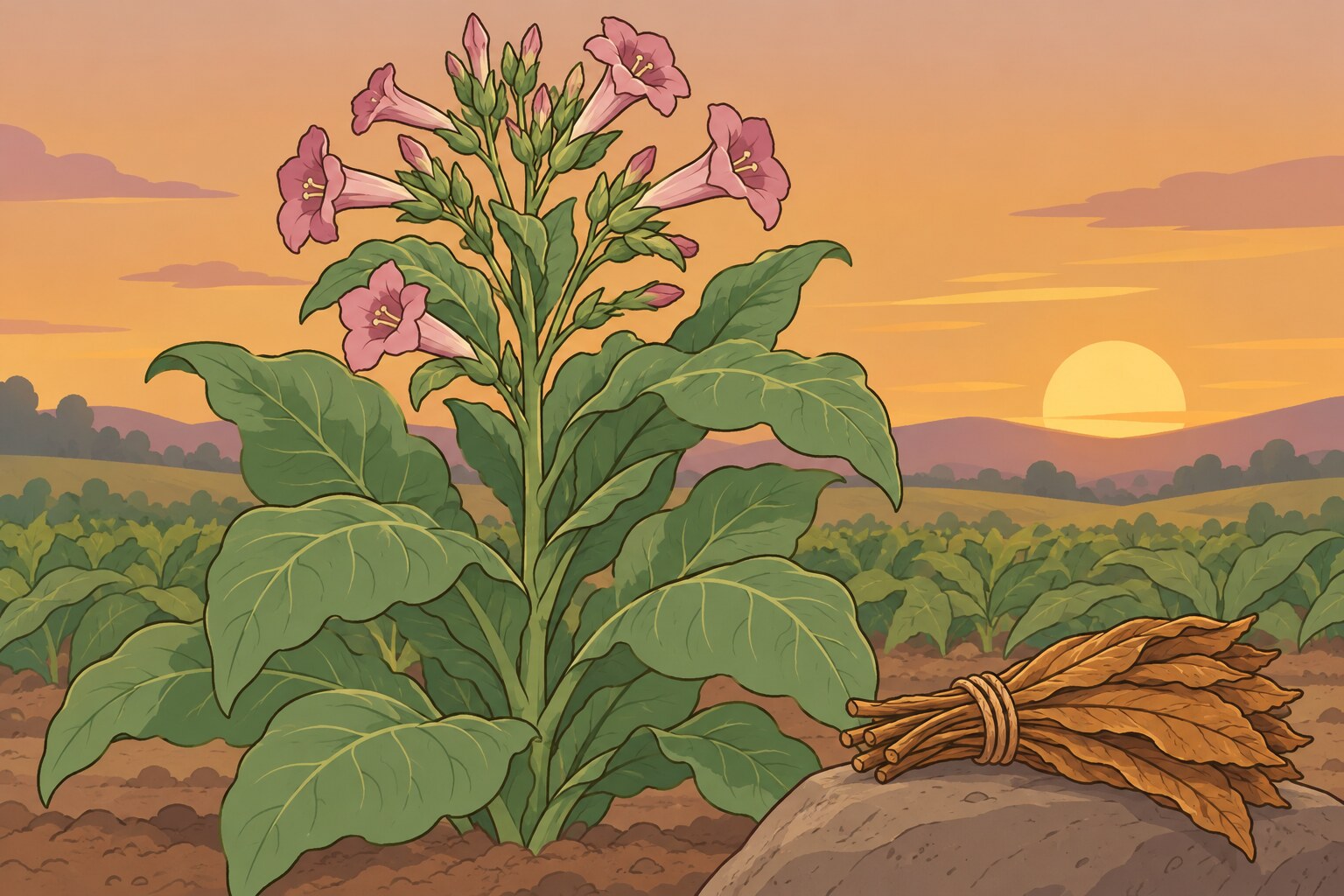 Ilustración de una planta de tabaco en flor en un campo al atardecer, con un manojo de hojas secas atado sobre una piedra.
