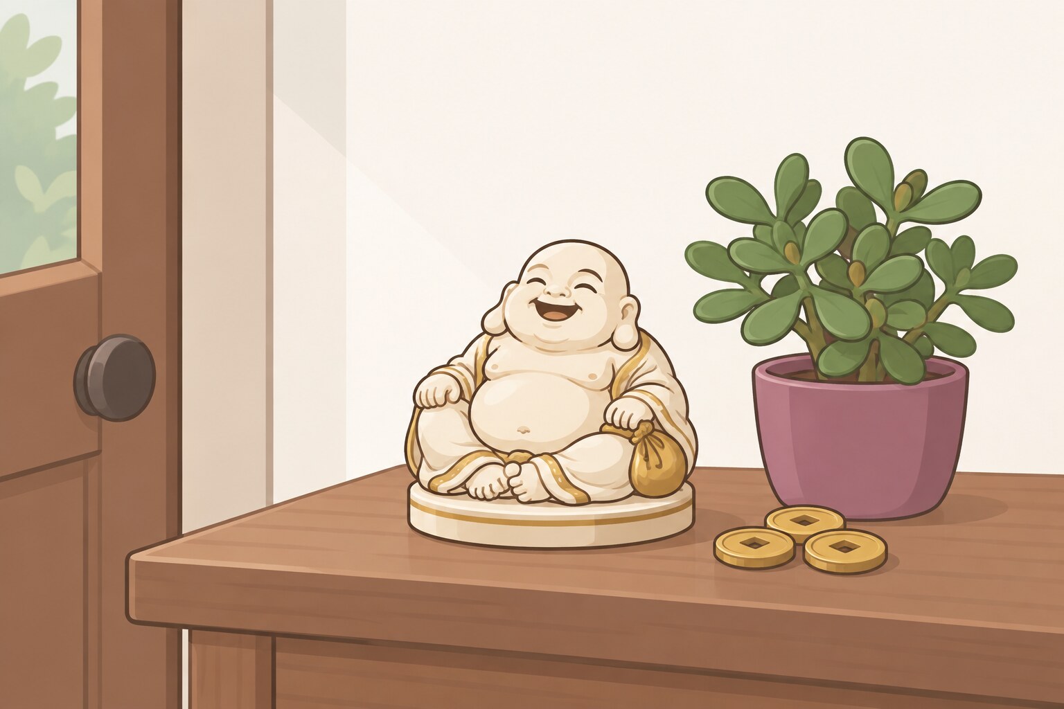 Ilustración de una figura de Buda sonriente de cerámica, con las manos sobre la panza, junto a una planta de jade y unas monedas doradas.