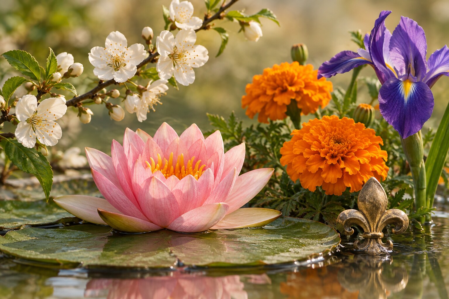 Fotografía de flores de ciruelo, loto, cempasúchil e iris reunidas en una composición botánica
