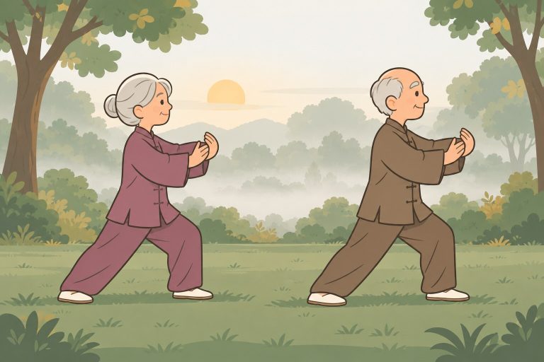 Ilustración de una mujer y un hombre mayores en un parque de mañana, haciendo el mismo movimiento lento de tai chi.