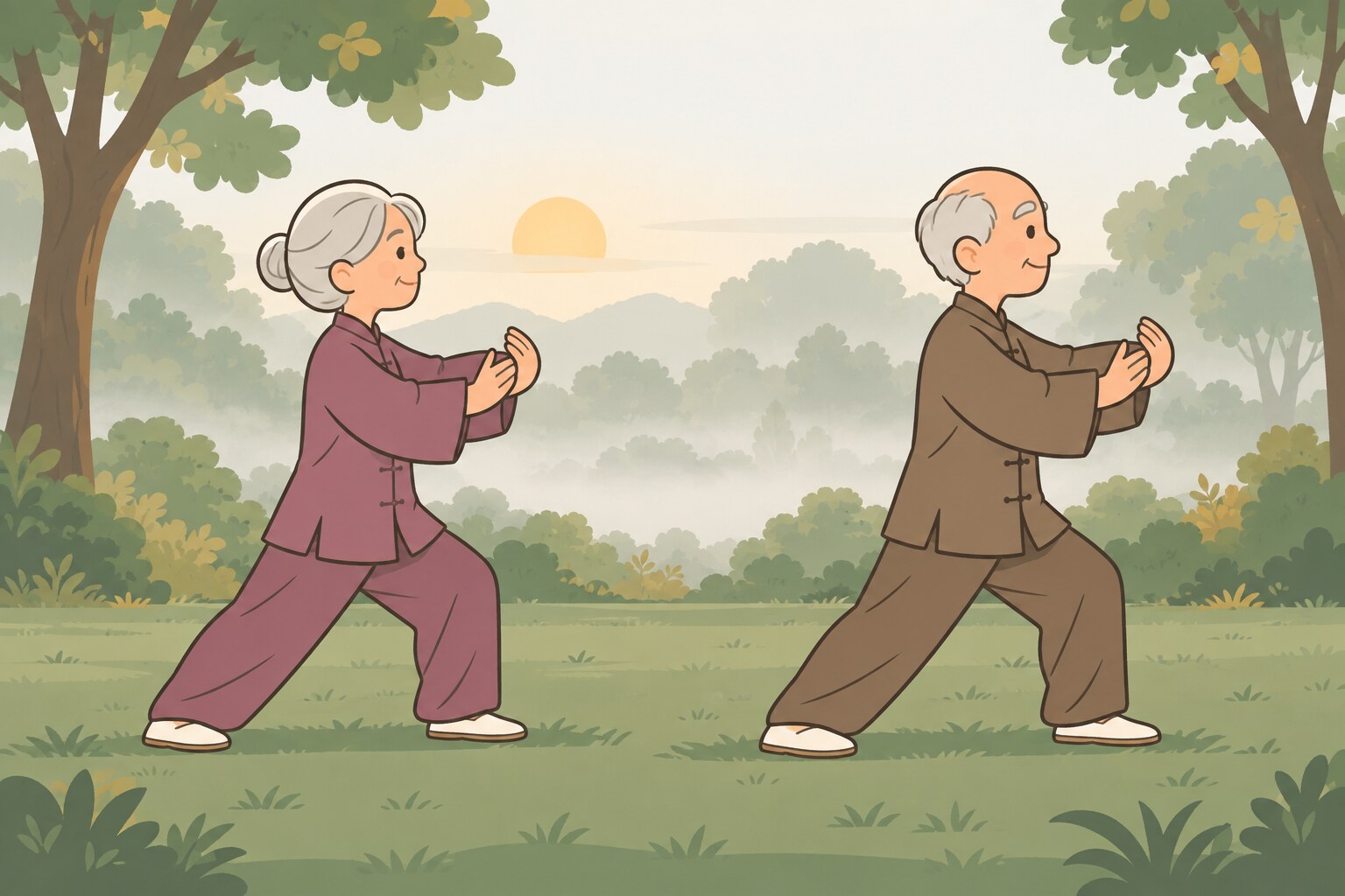 Ilustración de una mujer y un hombre mayores en un parque de mañana, haciendo el mismo movimiento lento de tai chi.