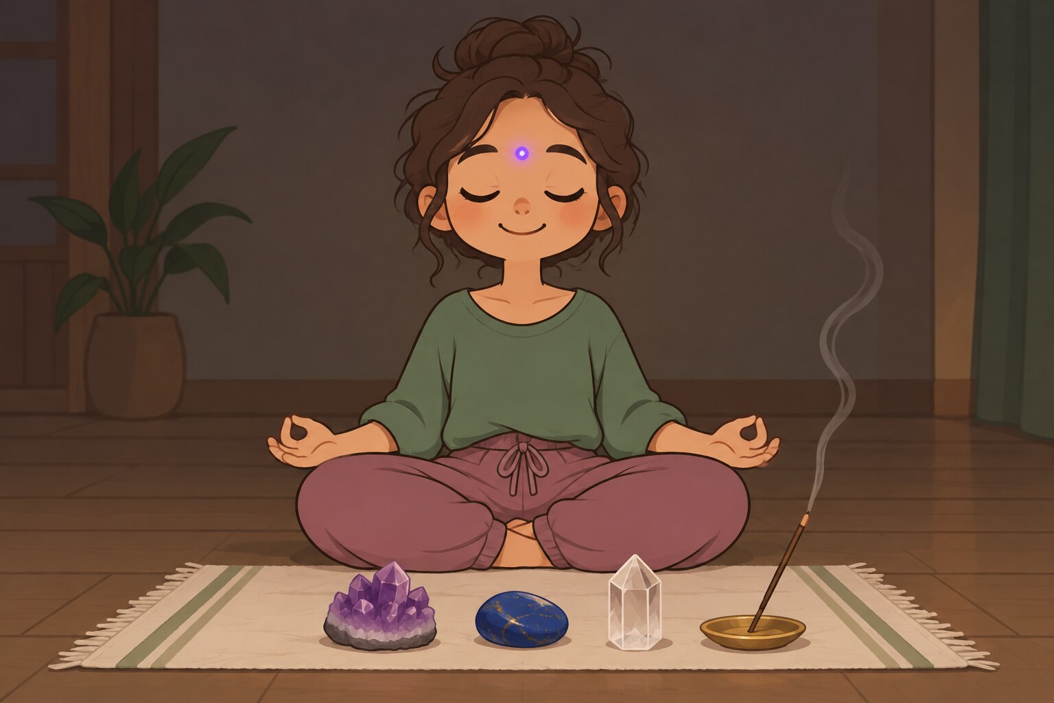 Ilustración de una persona meditando con un punto de luz índigo entre las cejas y cristales delante