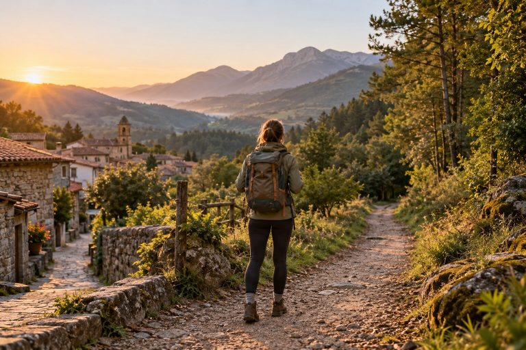 Fotografía de una persona de espaldas con mochila al comienzo de un sendero hacia el bosque