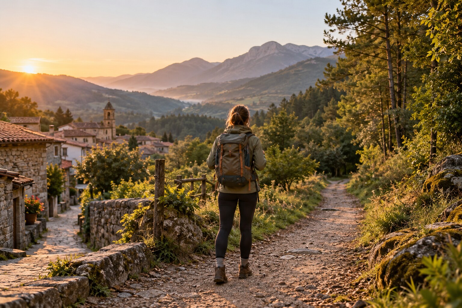 Fotografía de una persona de espaldas con mochila al comienzo de un sendero hacia el bosque