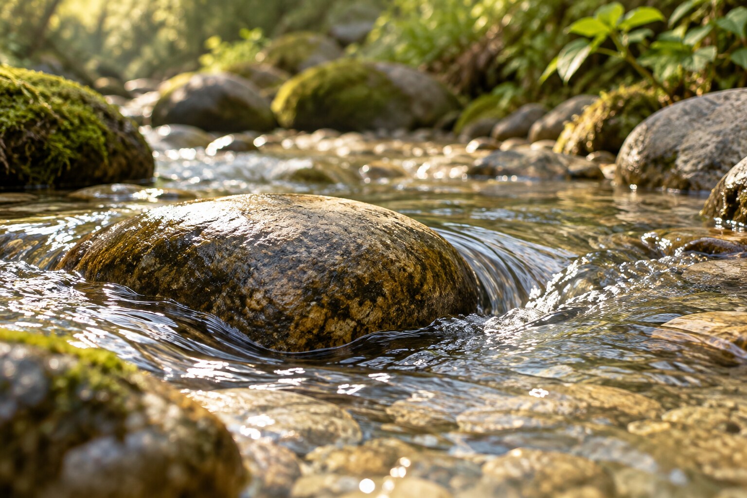 Fotografía de agua clara de un arroyo que fluye alrededor de una piedra lisa, con luz suave de la mañana.