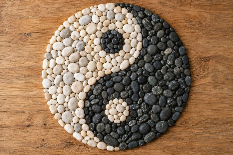 Fotografía de un símbolo del Yin y el Yang formado con piedras claras y oscuras sobre madera