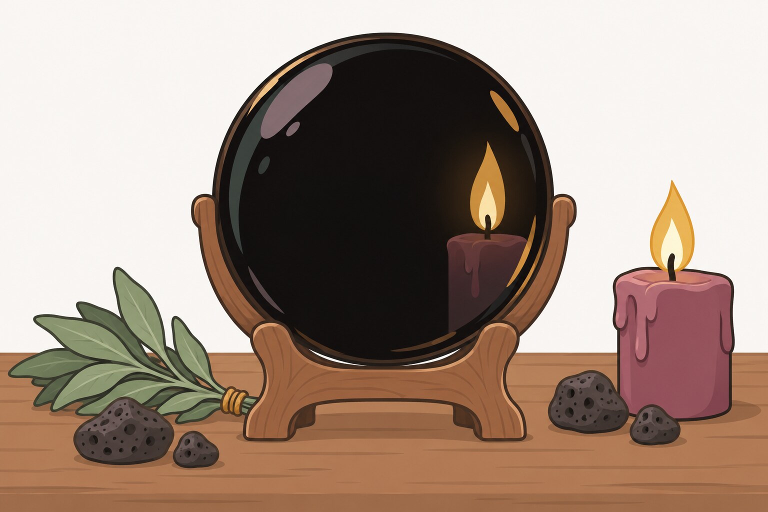 Ilustración de un espejo redondo de obsidiana negra sobre un soporte de madera, con una vela encendida que se refleja en él, piedras volcánicas y una rama de salvia.