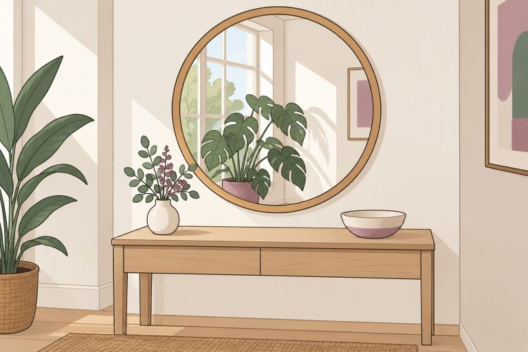 Ilustración de un espejo redondo en la pared de un recibidor luminoso, que refleja una planta grande y la luz de una ventana.