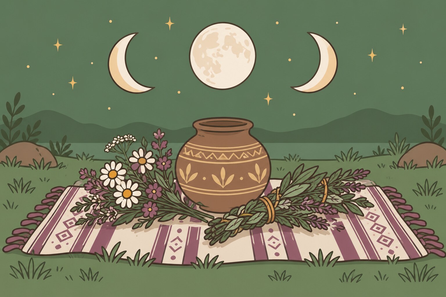 Ilustración de tres lunas, creciente, llena y menguante, sobre un pequeño altar al aire libre con una vasija de barro, flores silvestres y una manta tejida.