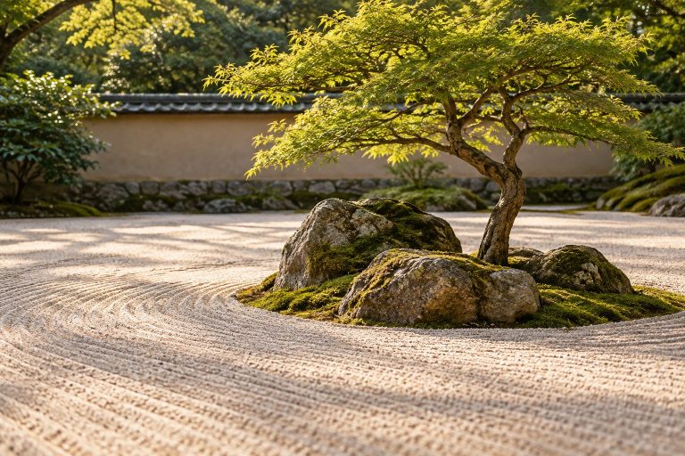 Fotografía de un jardín zen con grava rastrillada, piedras con musgo y un árbol