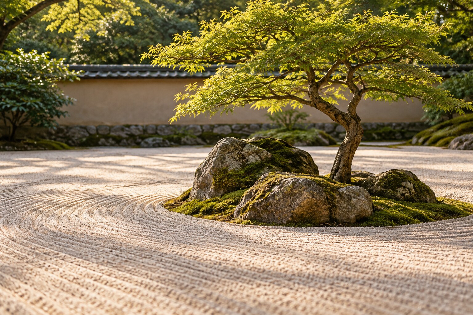 Fotografía de un jardín zen con grava rastrillada, piedras con musgo y un árbol