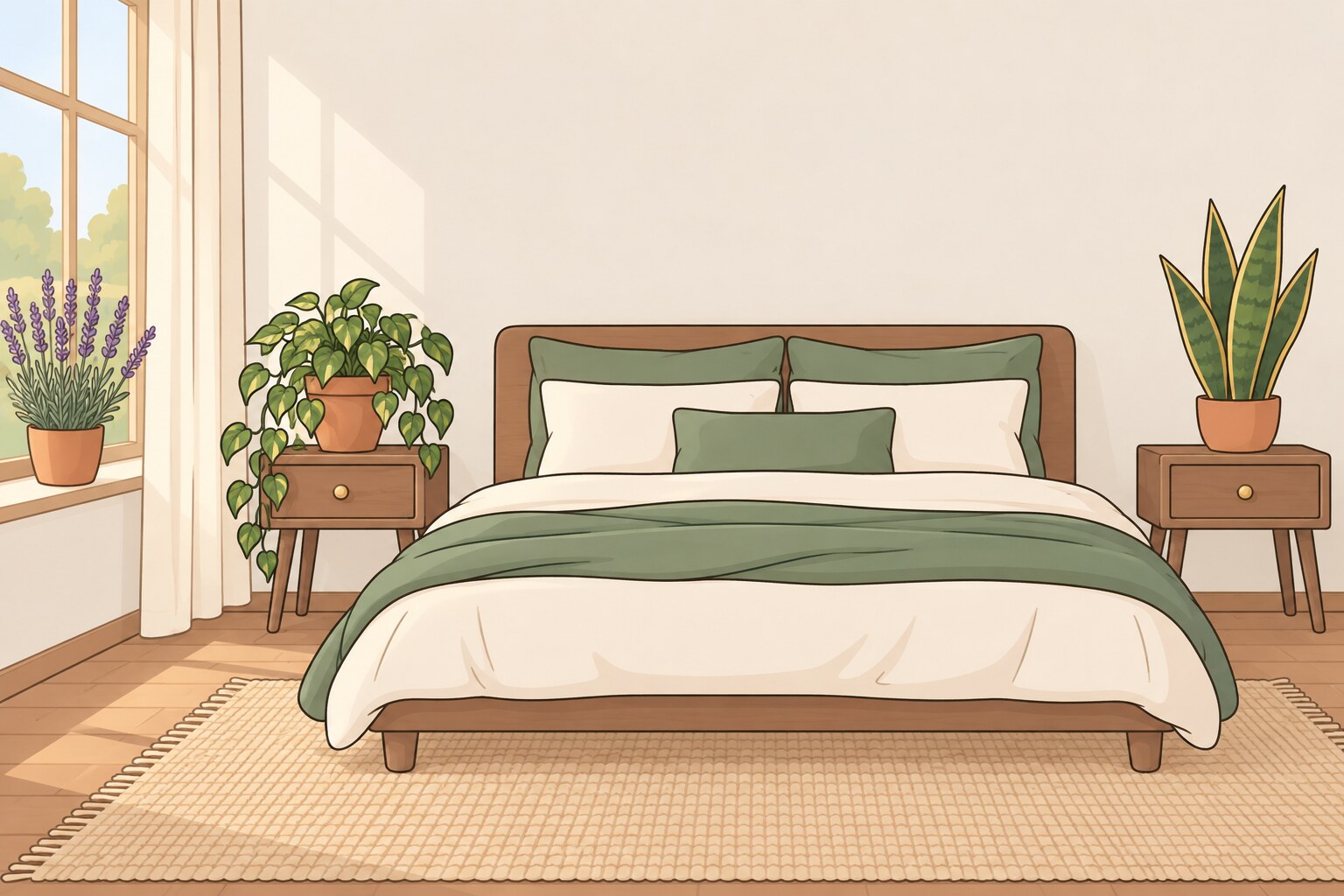 Ilustración de un dormitorio sereno con una cama baja en tonos crema y salvia, plantas en macetas de barro a cada lado y una lavanda junto a la ventana.